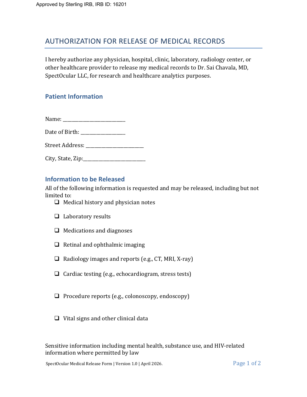 Medical Release page 1 preview