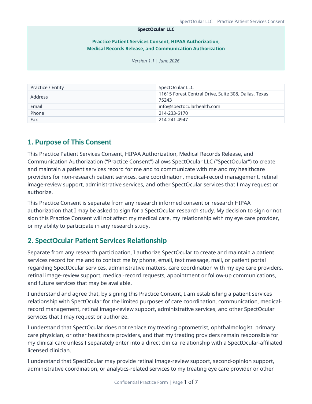 Patient Services Consent page 1 preview