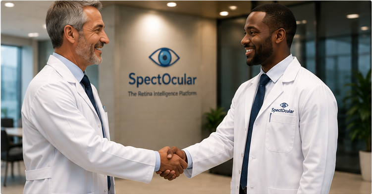 Doctors in white coats shaking hands in a modern clinical partnership setting