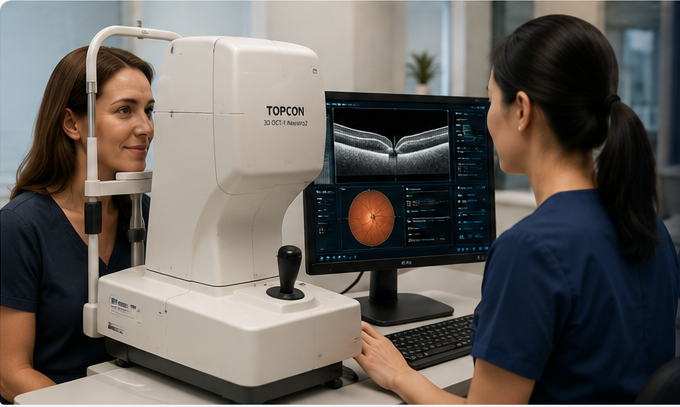 Patient receiving OCT imaging in a clinical setting